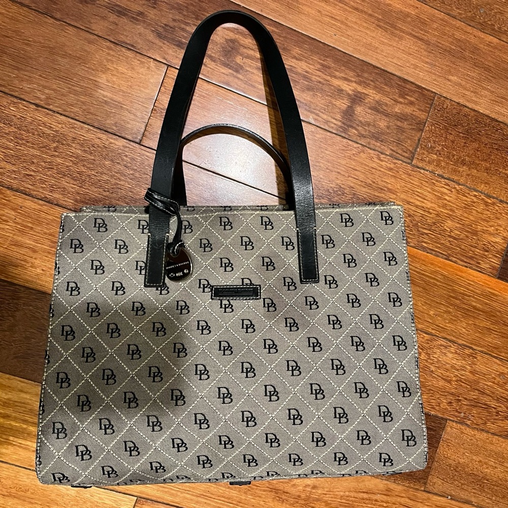 Dooney & Bourke Canvas Leather Monogram Logo Tote Bag Purse Large Brown